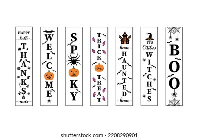 Fijación de carteles verticales de Halloween. Decoración de Halloween. Paquete de signos de porche de bienvenida. Plantilla de vectores.