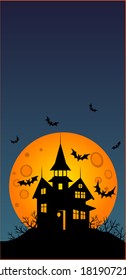 Halloween - vertical wallpaper - full color stock illustration. Baner, wallpaper or flyer with copy space, Scary mansion, full moon and bats. Halloween illustration with an abandoned creepy house.