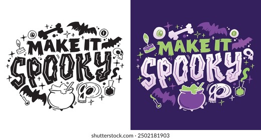 Halloween vibes lettering. Cute hand drawn doodle lettering quote. Lettering for t-shirt design, mug print, bag print, clothes fashion. 100% hand drawn vector image.