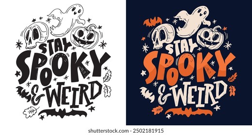 Letras de vibraciones de Halloween. Linda cita de letras de doodle dibujadas a mano. Letras para el diseño de la camiseta, impresión de la taza, impresión del bolso, moda de la ropa. Imagen de Vector 100% dibujado a mano.