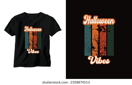 Halloween Vibes T-Shirt Design Template. Halloween T-Shirt with Pumpkin, Night, Moon, Witch, Mask.