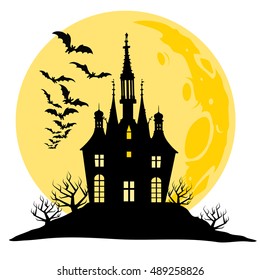 Halloween view of castle, moon, bats and hill.  Silhouette vector illustration.