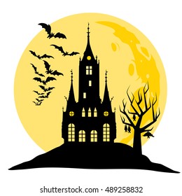 Halloween view of castle, moon, bats and hill.  Silhouette vector illustration.