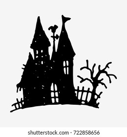 Halloween view of castle. Silhouette vector illustration.