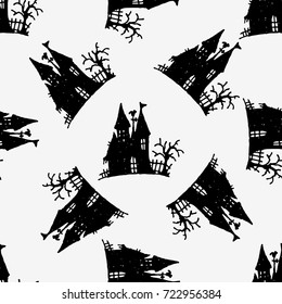 Halloween view of castle. Silhouette vector illustration. Seamless pattern