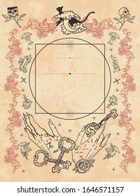 Halloween vintage background. Occult hands and black cats. Esoteric template. Dark gothic fairy tale style