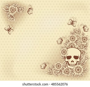 Halloween vintage background with skull, vector illustration