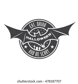 Halloween vintage badge, emblem or label. Vector illustration. Invited to a Halloween party with bat. For print on t shirt, tee, card, invitation, template.