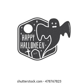 Halloween vintage badge, emblem or label. Vector illustration. Invited to a Halloween party with ghost. For print on t shirt, tee, card, invitation, template.