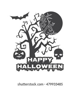 Halloween vintage badge, emblem or label. Vector illustration. Invited to a Halloween party with pumpkin, scull and tree. For print on t shirt, tee, card, invitation, template.