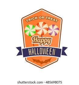 Halloween vintage badge, emblem or label. Vector illustration. Invited to a Halloween party with candy. For print on t shirt, tee, card, invitation, template. Halloween design.