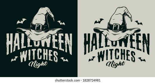 Halloween vintage badge with witch hat and flying bats on dark and light backgrounds isolated vector illustration