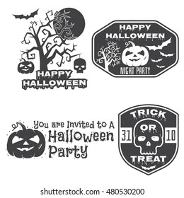 Halloween vintage badges, emblems or labels. Vector illustration. Invited to a Halloween party with bat, ghost, skull and pumpkin. For print on t shirt, tee, card, invitation, template.