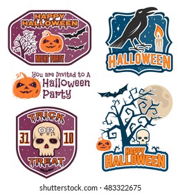 Halloween vintage badges, emblems or labels. Vector illustration. Invited to a Halloween party with bat, ghost, skull and pumpkin. For print on t shirt, tee, card, invitation, template.