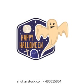 Halloween vintage badges, emblems or labels. Vector illustration. Invited to a Halloween party with bat, ghost, skull and pumpkin. For print on t shirt, tee, card, invitation, template. 