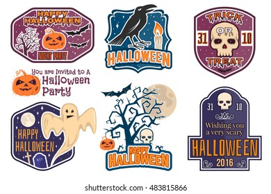 Halloween vintage badges, emblems or labels. Vector illustration. Invited to a Halloween party with bat, ghost, skull and pumpkin. For print on t shirt, card, invitation, template. Halloween design.
