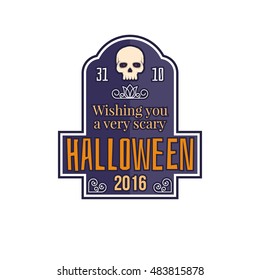 Halloween vintage badges, emblems or labels. Vector illustration. Invited to a Halloween party with bat, ghost, skull and pumpkin. For print on t shirt, tee, card, invitation, template. 