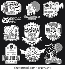 Halloween vintage badges, emblems or labels. Vector illustration. Invited to a Halloween party with bat, ghost, skull and pumpkin. For print on t shirt, tee, card, invitation, template.