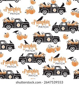 Halloween Vintage Black Truck with Pumpkins and Crow Birds, Pumpkin Patch Text- Halloween Vector Illustration