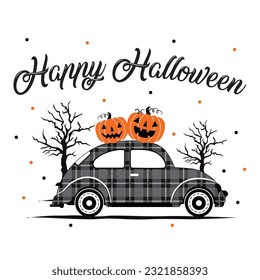 Halloween Vintage Car with black and white check, Pumpkin and tree- Halloween Vector Illustration