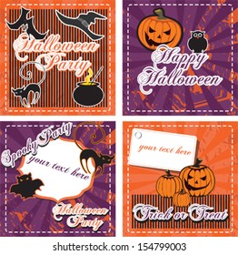 Halloween vintage card set, pumpkin, cat, bat, owl, witchcraft, vector design