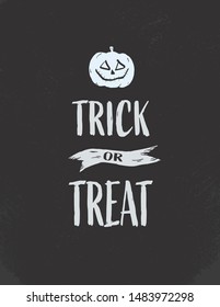 Halloween vintage card vector template postcard with retro lettering and spooky smiling pumpkin lantern. Party invitation, trick or treat message. Eps10 illustration.