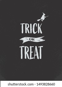 Halloween vintage card vector template postcard with retro lettering and witch flying on a broomstick. Party invitation, trick or treat message. Eps10 illustration.