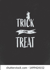 Halloween vintage card vector template postcard with retro lettering and witch standing with a broomstick. Party invitation, trick or treat message. Eps10 illustration.