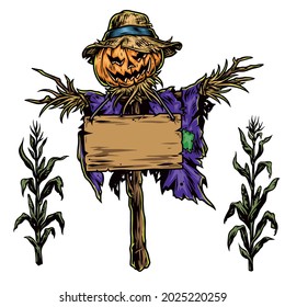 Halloween vintage colorful concept with corn plants and scarecrow with pumpkin head and blank wooden board isolated vector illustration