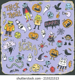 Halloween vintage colorful creatures doodle mega set. Hand drawn vector illustration.