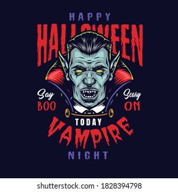 Halloween vintage colorful design with inscriptions and spooky vampire head isolated vector illustration