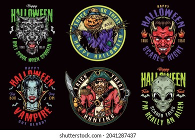 Halloween vintage colorful emblems with angry pirate in cocked hat scary werewolf devil alien vampire girl heads spooky scarecrow isolated vector illustration