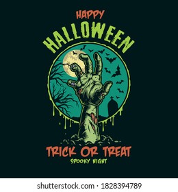 Halloween vintage colorful label with inscriptions zombie hand flying bats gravestone dry tree and moon isolated vector illustration