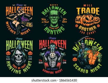 Halloween vintage colorful labels with pretty witch flying on broom scary grim reaper vampire zombies spooky pumpkins isolated vector illustration