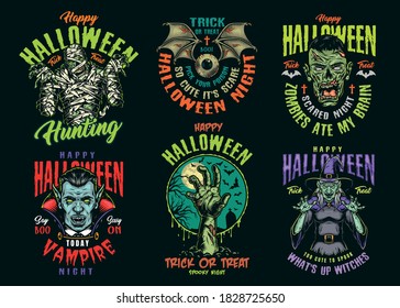 Halloween vintage colorful logos with scary mummy witch vampire and corpse heads zombie hand human eye with bat wings isolated vector illustration