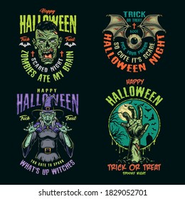 Halloween vintage colorful logos with zombie head and hand scary witch human eye with bat wings isolated vector illustration