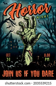 Halloween vintage colorful poster with scary zombie hand on dry trees cemetery haunted house background vector illustration
