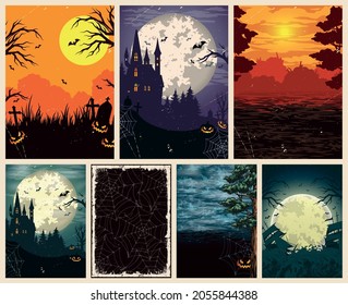 Halloween vintage colorful posters with haunted houses spooky pumpkins flying bats trees tombstones ships sailing on stormy sea nature landscapes night and sunny backgrounds vector illustration