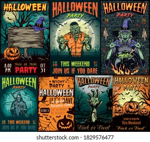 Halloween vintage colorful posters with scary zombie witch and cauldron grim reaper with scythe corpse hand spooky pumpkins cobweb dry trees vector illustration