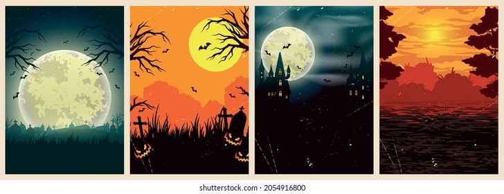 Afiches de Halloween de color vintage con calabazas espeluznantes lápidas volando murciélagos paisajistas cementerios árboles secos luna llena soleado y fondo de amanecer ilustración vectorial