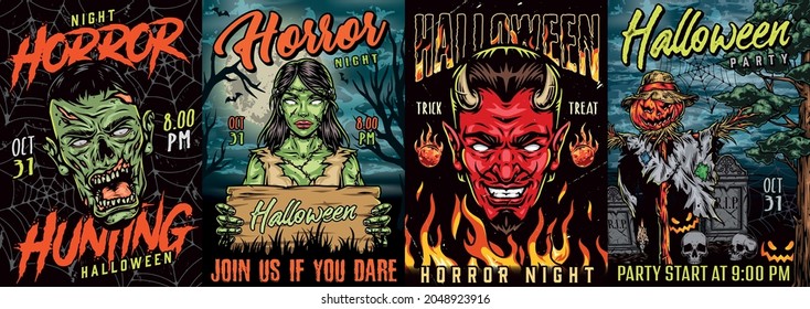Halloween Vintage Colorful Posters With Spooky Devil And Zombie Heads Scarecrow With Pumpkin Head Fireballs Cobweb Fire Flames Tombstones Creepy Female Corpse With Wooden Board Vector Illustration