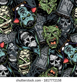 Halloween vintage colorful seamless pattern with tombstones creepy vampire grim reaper zombie mummy heads vector illustration