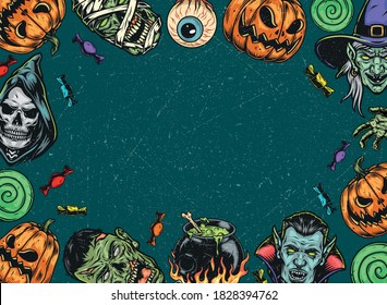 Halloween vintage colorful template with place for text grim reaper witch mummy vampire zombie heads scary pumpkins cauldron human eye sweets and candies vector illustration