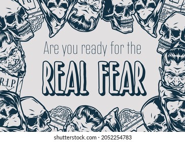 Halloween vintage composition in monochrome style with inscription skulls gravestones scary grim reaper and angry devil heads vector illustration