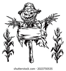 Halloween vintage concept with corn plants and scary scarecrow with pumpkin head straw hat and blank wooden plank in monochrome style isolated vector illustration