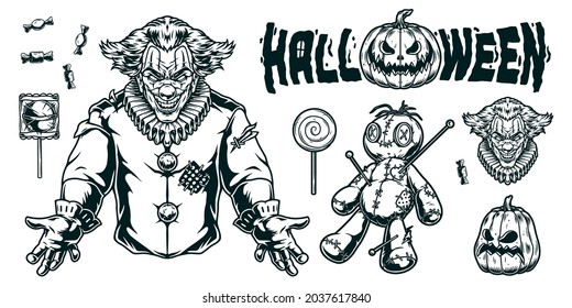 Composición de elementos vintage de Halloween con muñeca de voodoo de payaso espeluznante con latas de lata latas de lata de lata de pop calabazas espeluznantes en ilustración vectorial aislada de estilo monocromo