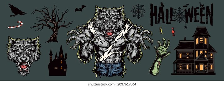 Halloween vintage elements composition with scary werewolf haunted houses zombie hand candies bat crow cobweb dry tree isolated vector illustration