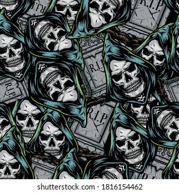 Halloween vintage elements seamless pattern with grim reaper heads in hood and gray gravestones vector illustration