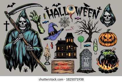 Halloween vintage elements set with grim reaper zombie hand haunted house pumpkin tombstone witch hat cauldron with magic potion candies dry tree human eye burning candle isolated vector illustration