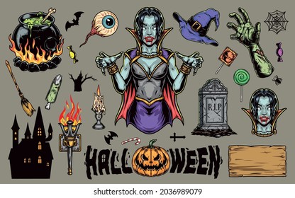 Halloween vintage elements set with vampire girl haunted house witch cauldron and hat human eye zombie hand gravestone candle torch candies board pumpkin bats broom isolated vector illustration